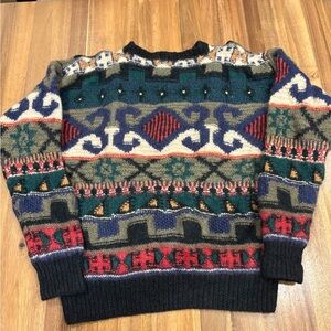 Vintage 90s Boston Traders Wool Sweater Geometric Pattern L